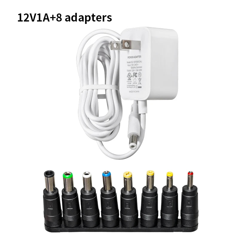Universal 12V/24V AC-DC Power Adapter with 8 Interchangeable Tips