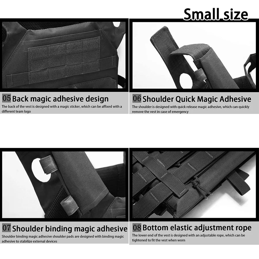 A black MOLLE training vest featuring various magic adhesive designs and adjustable features.