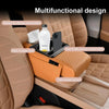 Orange car armrest cushion with built-in storage and a cup holder for storing water bottles and mobile phones