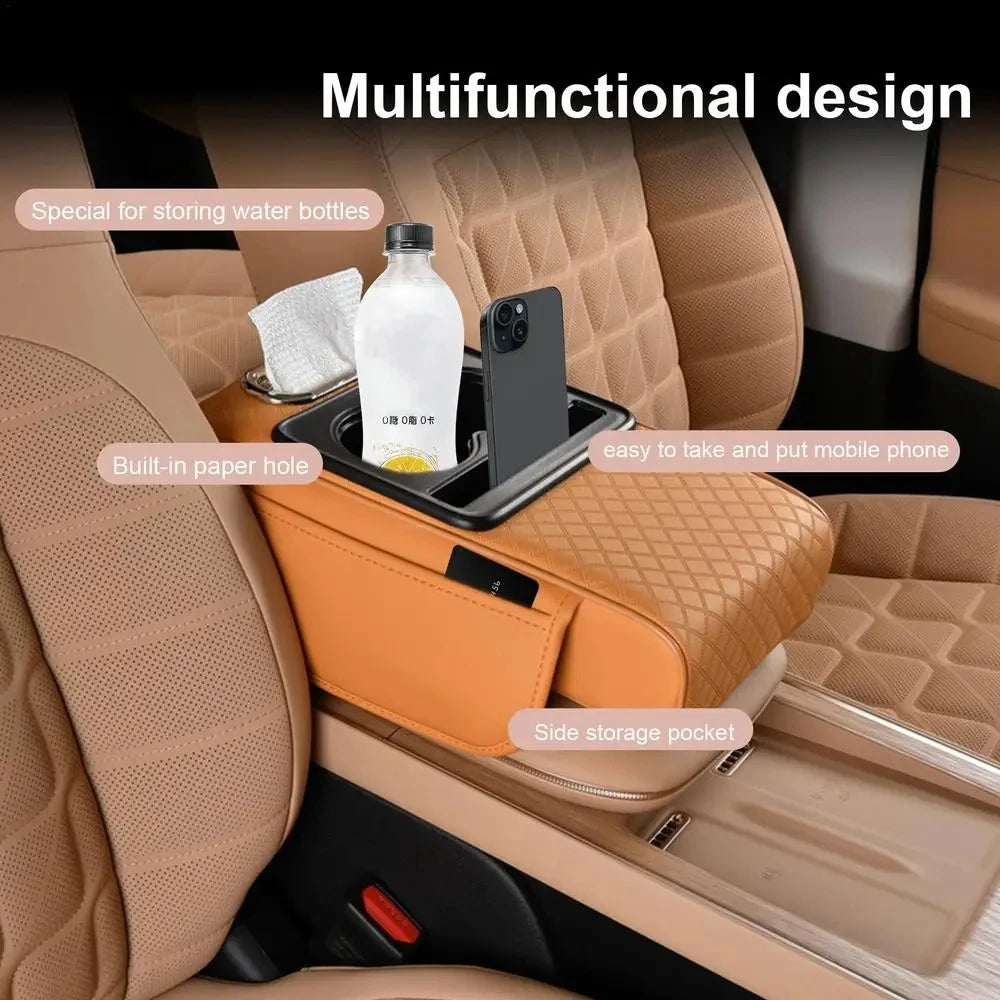 Orange car armrest cushion with built-in storage and a cup holder for storing water bottles and mobile phones