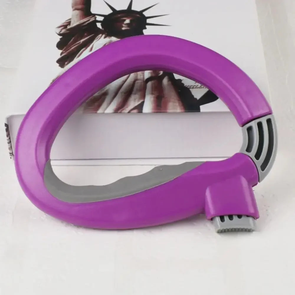 A purple ergonomic grocery bag carrier with a soft-grip handle is shown resting on a white surface.