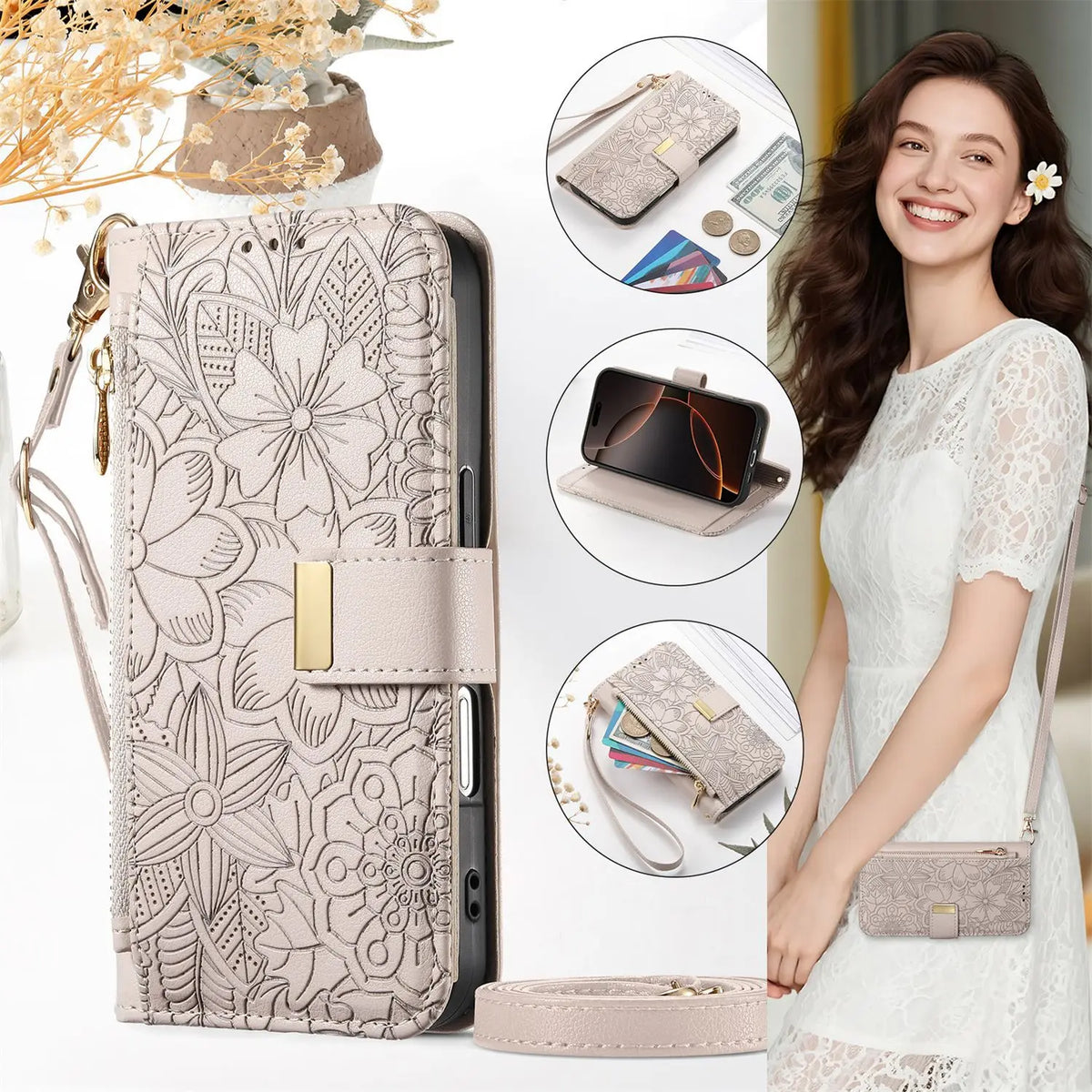 Leather Crossbody Phone Wallet Case with Card Slots & Wrist Strap