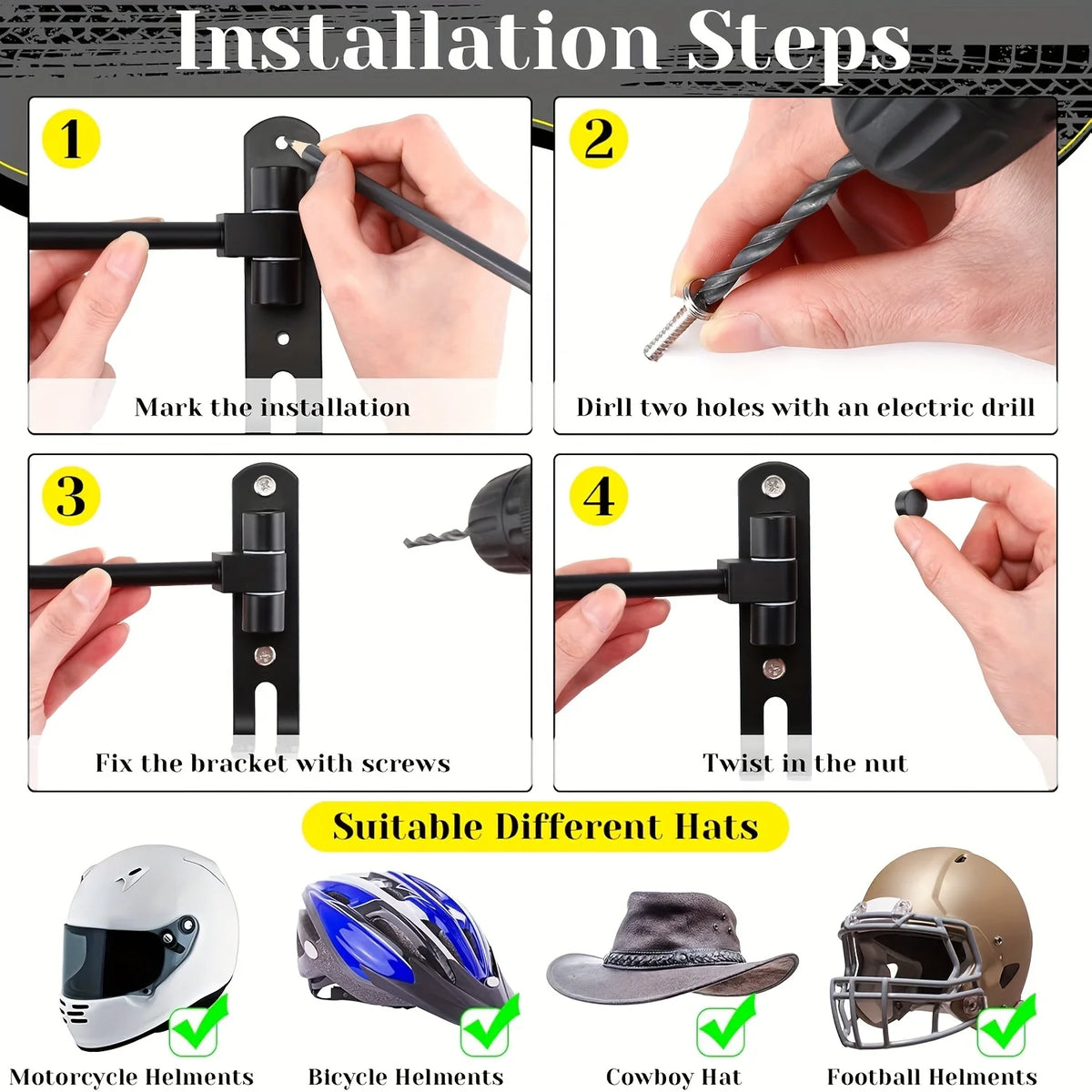 180° Rotatable Helmet Holder with Wall-Mounted Claw Hook