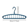 A blue foldable multi-hole space-saving clothes hanger with a curved hook and multiple holes for hanging clothes.