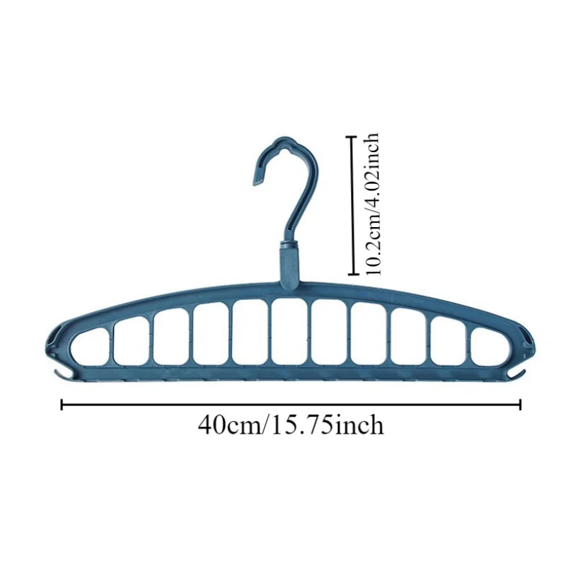 A blue foldable multi-hole space-saving clothes hanger with a curved hook and multiple holes for hanging clothes.
