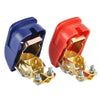 A pair of red and blue quick-release car battery terminal connectors.