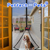 A happy dog looks through a glass door frame labeled Perfect for Pets.