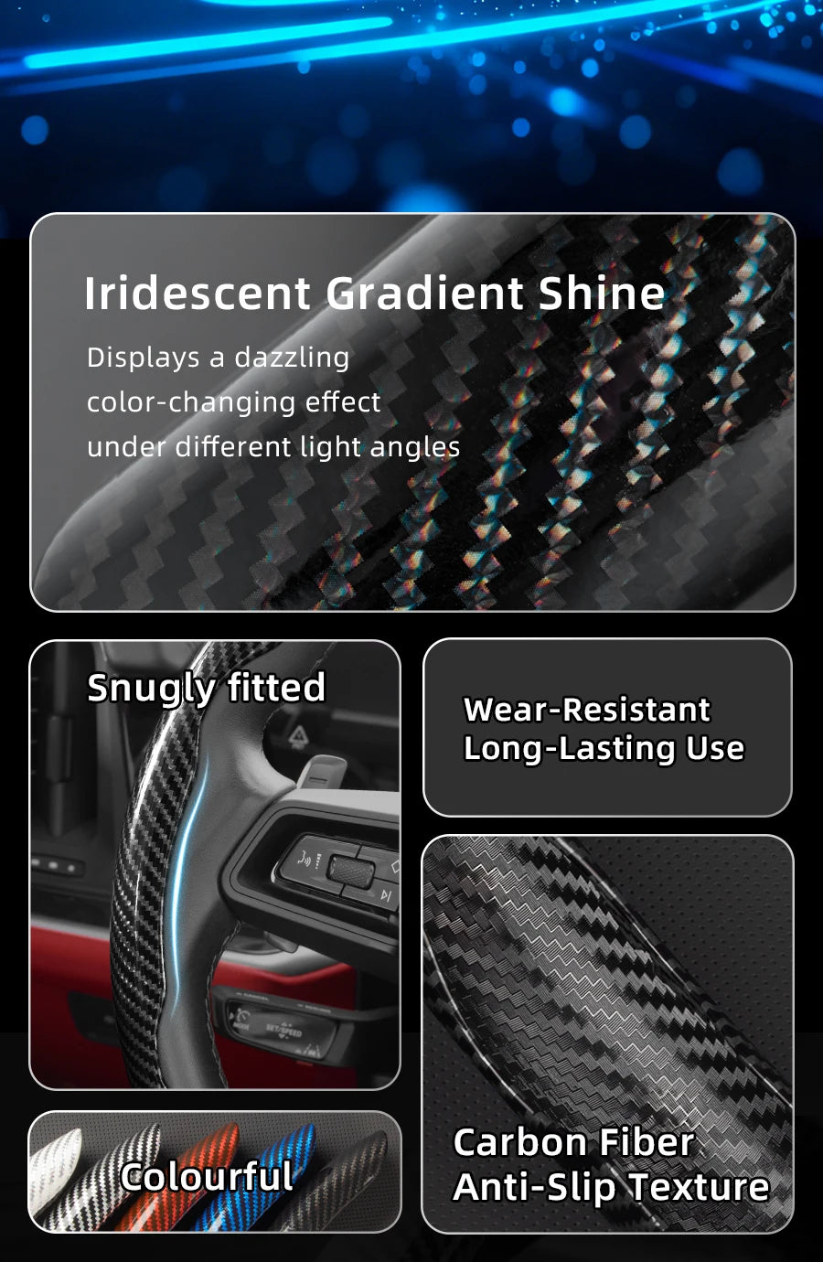 Close-up of a carbon fiber texture steering wheel cover showing iridescent gradient shine and anti-slip features.
