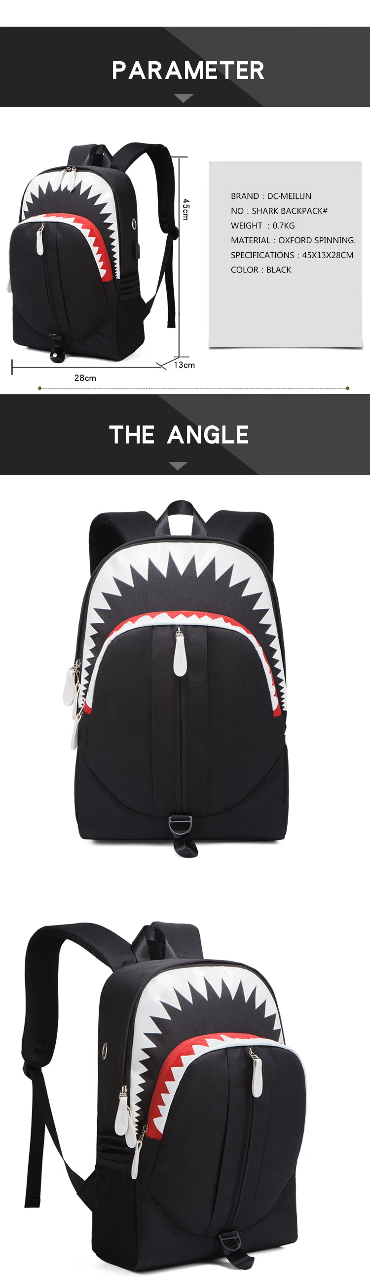 Shark Luminous USB Backpack with Anti-Theft Design