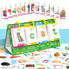 A green box of word builder flash cards featuring letters and words for children's educational games