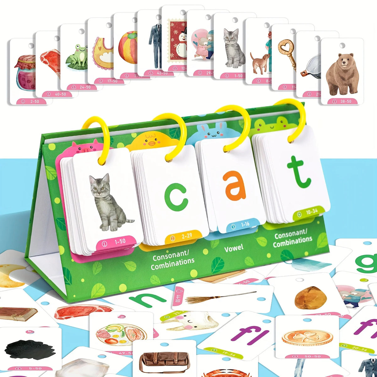 A green box of word builder flash cards featuring letters and words for children's educational games