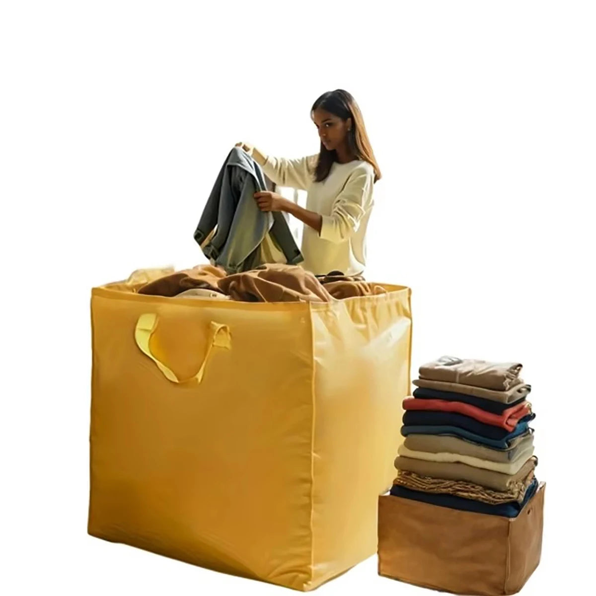 A woman is lifting a yellow heavy-duty waterproof moving bag filled with clothing.