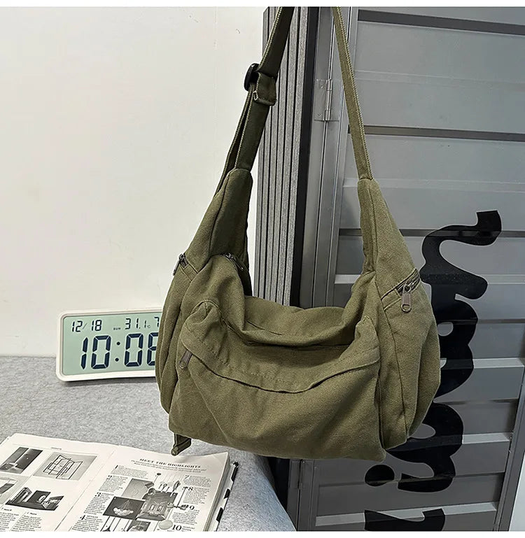 Cotton Canvas Crossbody Bag with Large Capacity