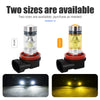 Two sizes of H8/H11 LED fog light bulbs are shown, one white and one yellow, with usage examples.