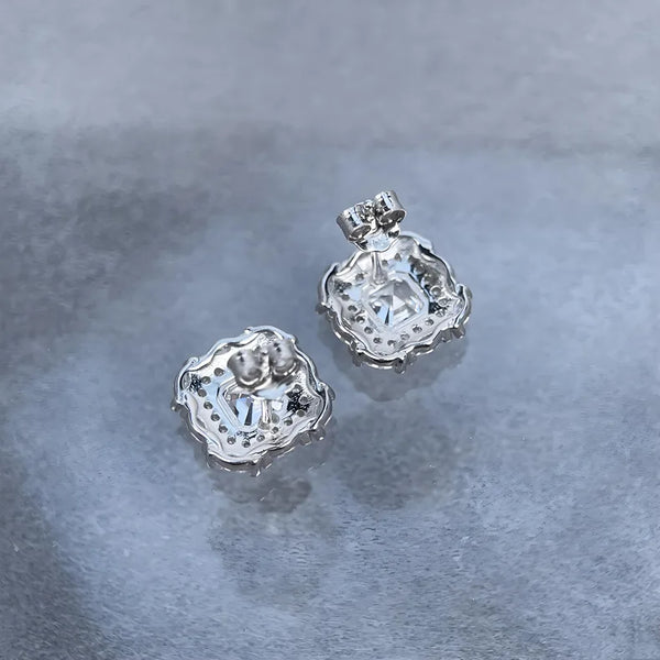 Square Moissanite Stud Earrings in Rhodium-Plated Silver