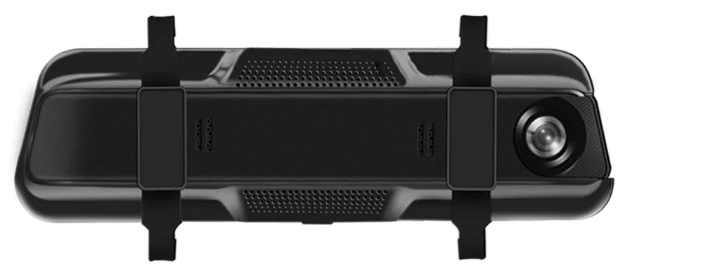 A black dash cam is shown from the front, featuring a dual-lens camera and mounting brackets.