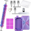 A set of diamond painting pens with steel tips, a clear tray, and a purple and pink painting surface.
