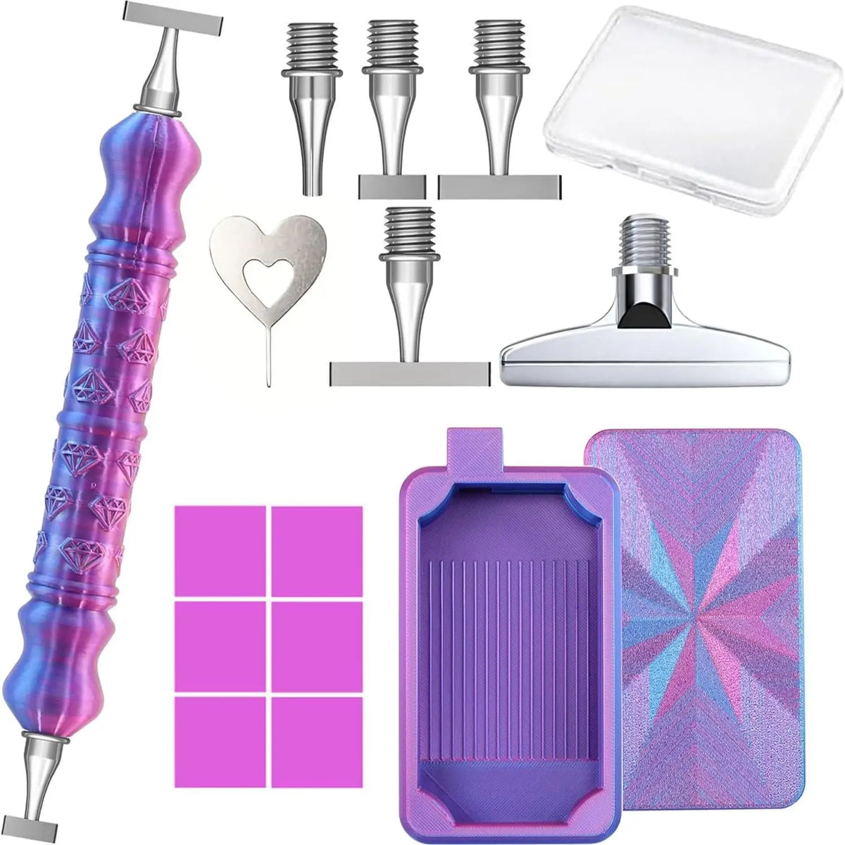 A set of diamond painting pens with steel tips, a clear tray, and a purple and pink painting surface.