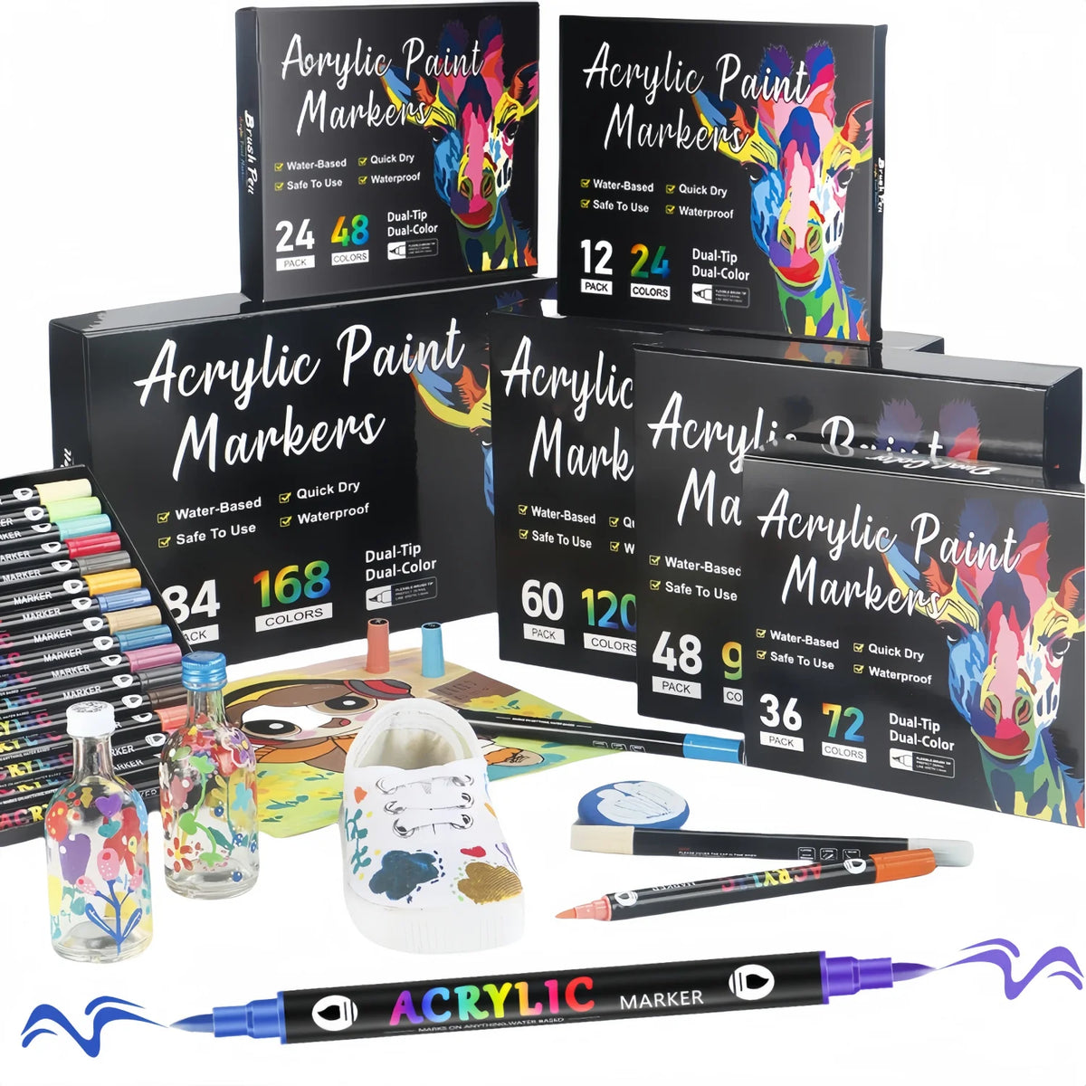 Eine Auswahl schwarzer Acrylmarker in verschiedenen Farben und Verpackungen, darunter Doppelspitzmarker.