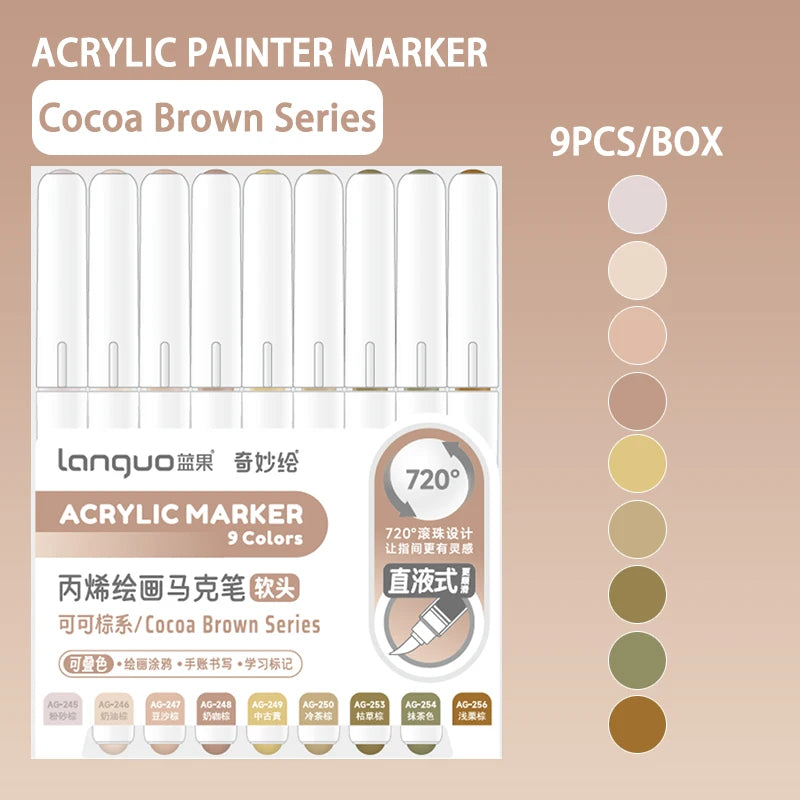 Acrylic paint marker set in Cocoa Brown series with 9 colors and fine tips packaged in a box