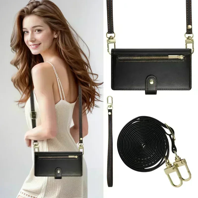 Black leather crossbody phone wallet with zipper closure and card slots worn by a woman.