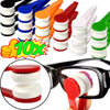 A set of microfiber cleaning tools for glasses, including various colored cleaning pads and a frame attachment.