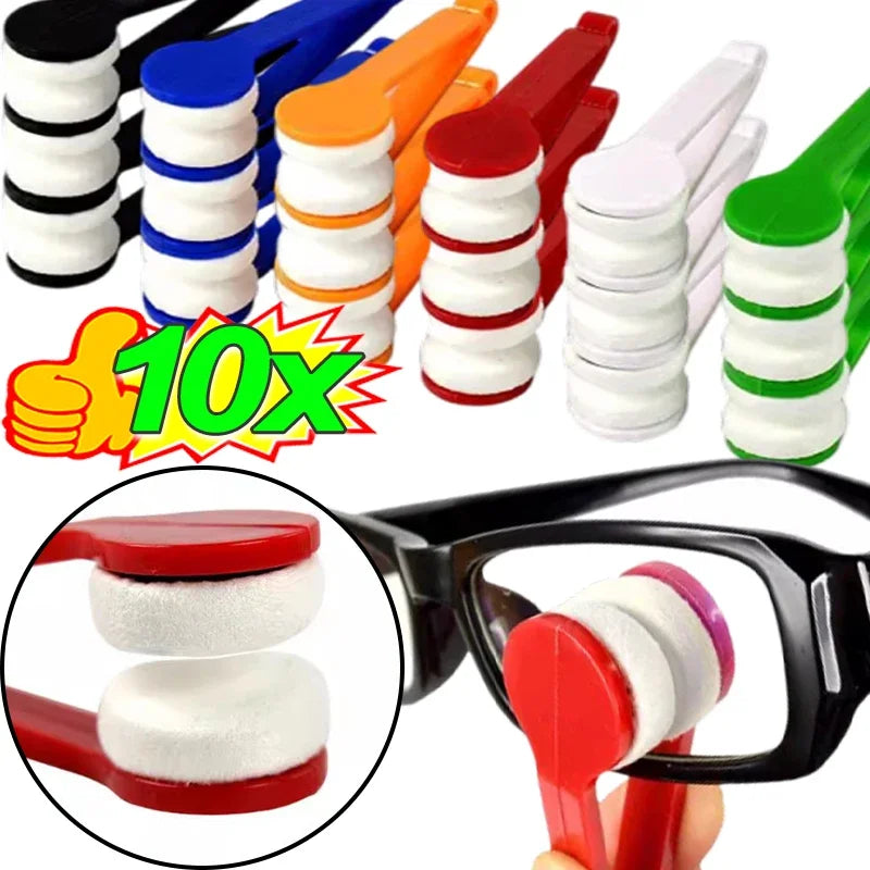 A set of microfiber cleaning tools for glasses, including various colored cleaning pads and a frame attachment.