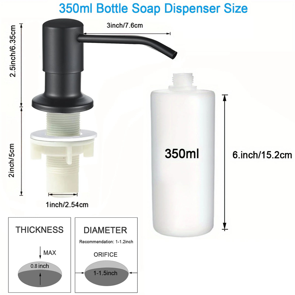 Schwarze Flaschen-Seifenspender mit 350ml Fassungsvermögen und 7,6 cm Düse, gezeigt neben den Komponenten.