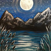 A painting depicting a moonlit night landscape with mountains, water reflections, and tall grasses.