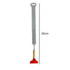 A gray hands-free toilet lid lifter tool with a long handle and a small red scoop.