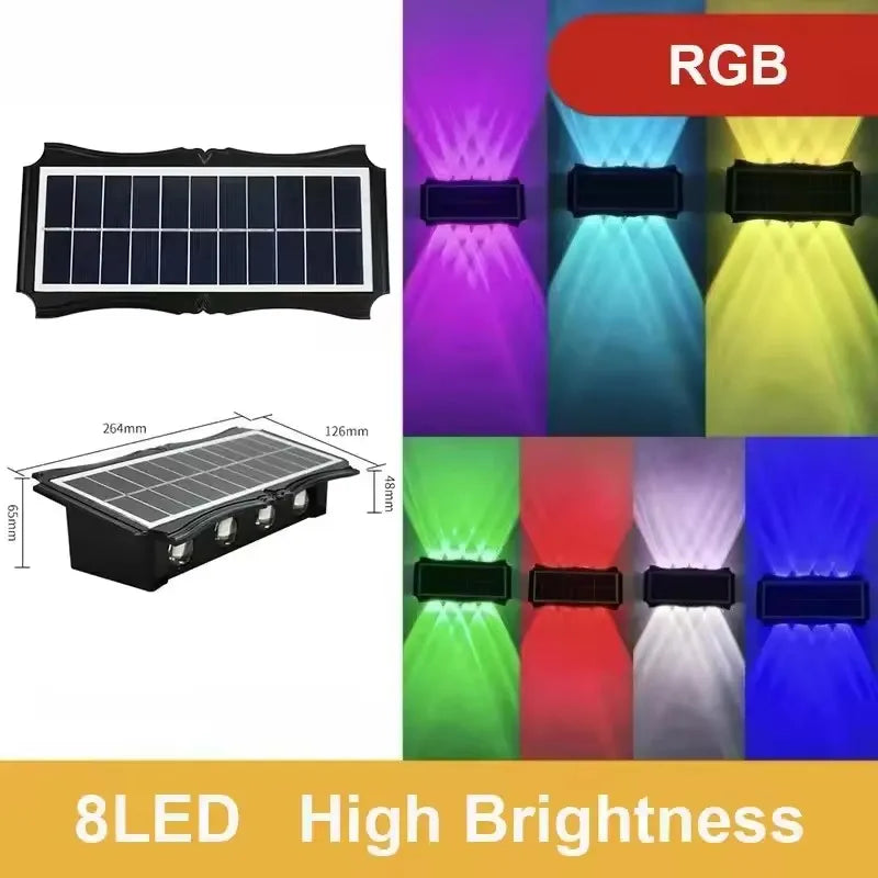 A solar powered LED wall light featuring multiple bright colored lights and a solar panel.