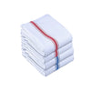 A stack of white cotton kitchen towels with red and blue stripes.