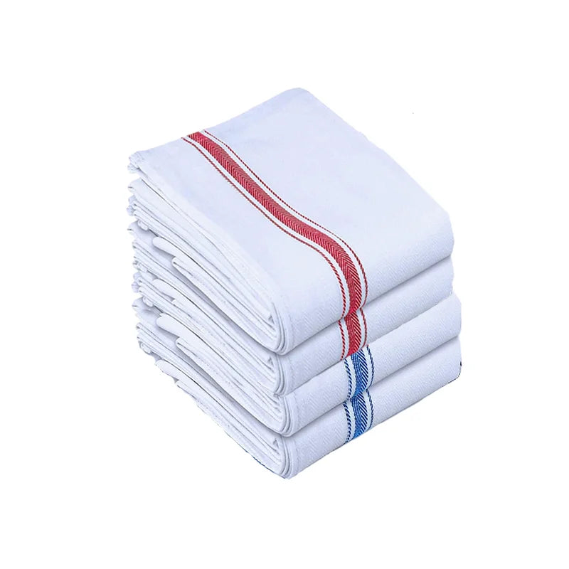 A stack of white cotton kitchen towels with red and blue stripes.