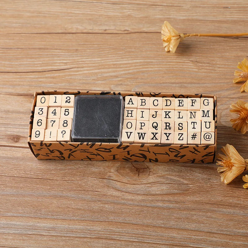 Vintage Wooden Rubber Stamp Set with Ink Pad
