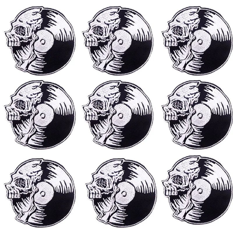 A set of ten embroidered iron-on patches featuring a skull and horror design on a black background.