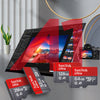 A collection of SanDisk Ultra microSD cards in various sizes and colors displayed next to a tablet.