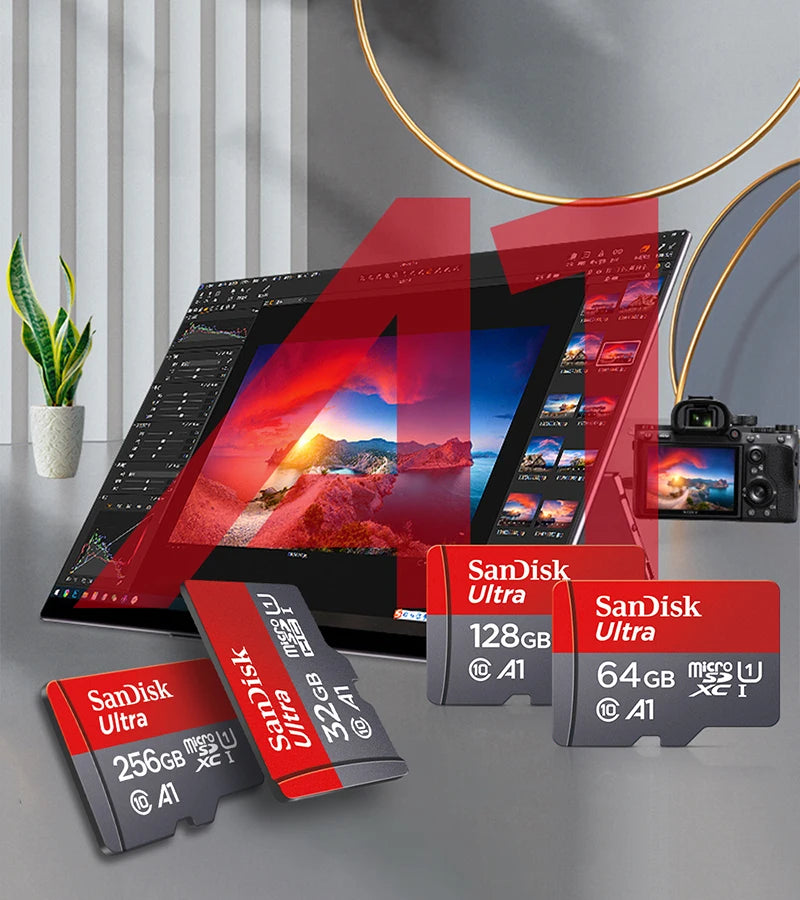 A collection of SanDisk Ultra microSD cards in various sizes and colors displayed next to a tablet.
