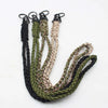 A set of paracord lanyards with zinc alloy clips in black, olive green, and beige colors.