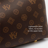 A dark brown canvas tote bag featuring a gold-toned repeating pattern on the fabric.