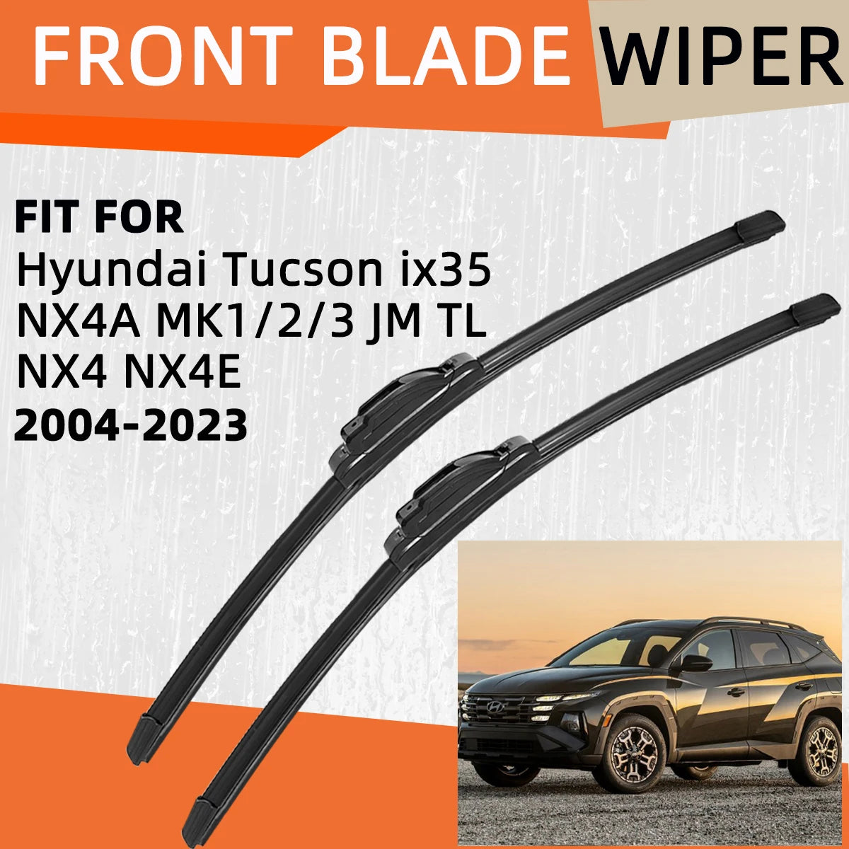 A set of two black front blade wipers for a Hyundai Tucson, shown against an orange background.