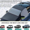 A black magnetic windshield cover protecting a car's front glass and side windows.