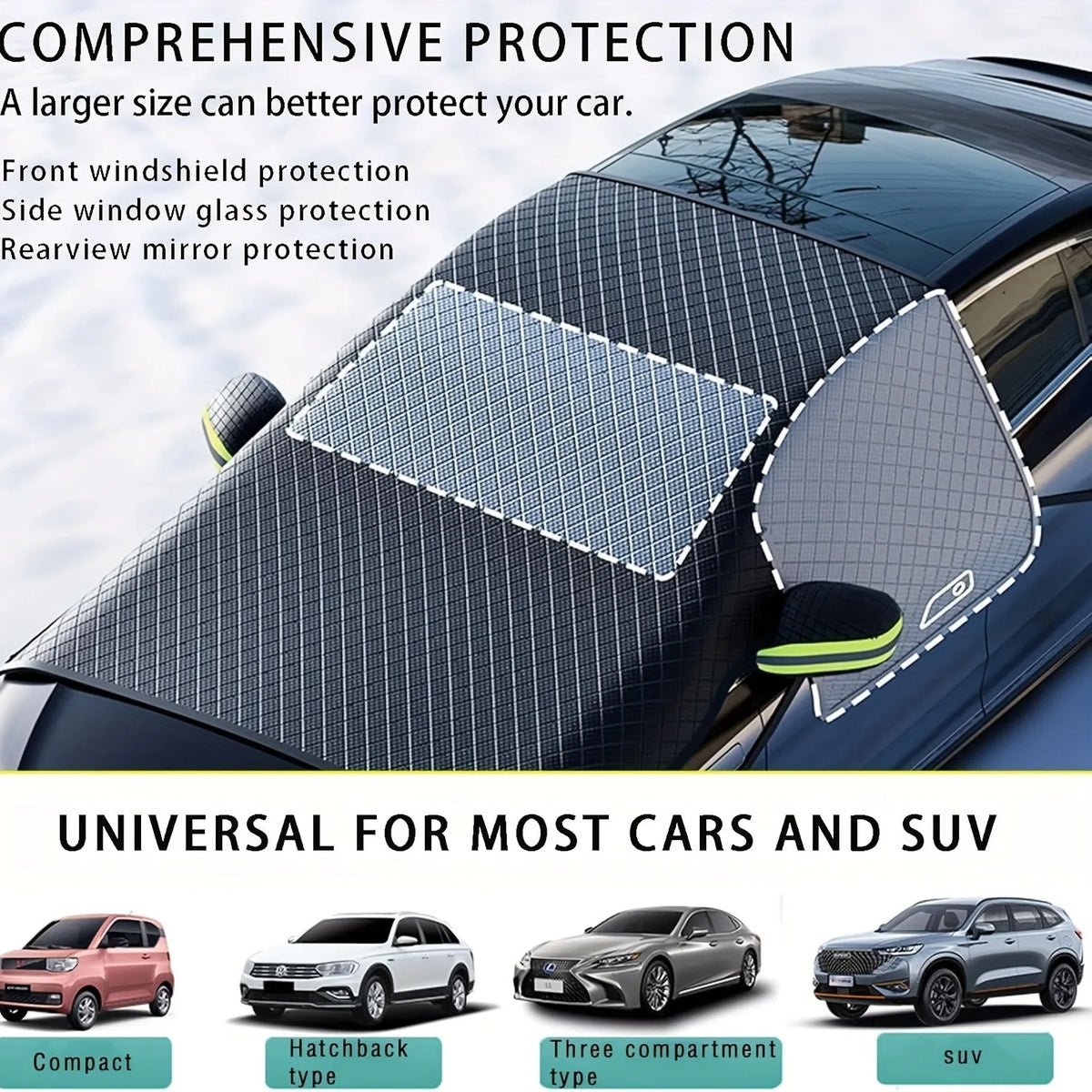 A black magnetic windshield cover protecting a car's front glass and side windows.