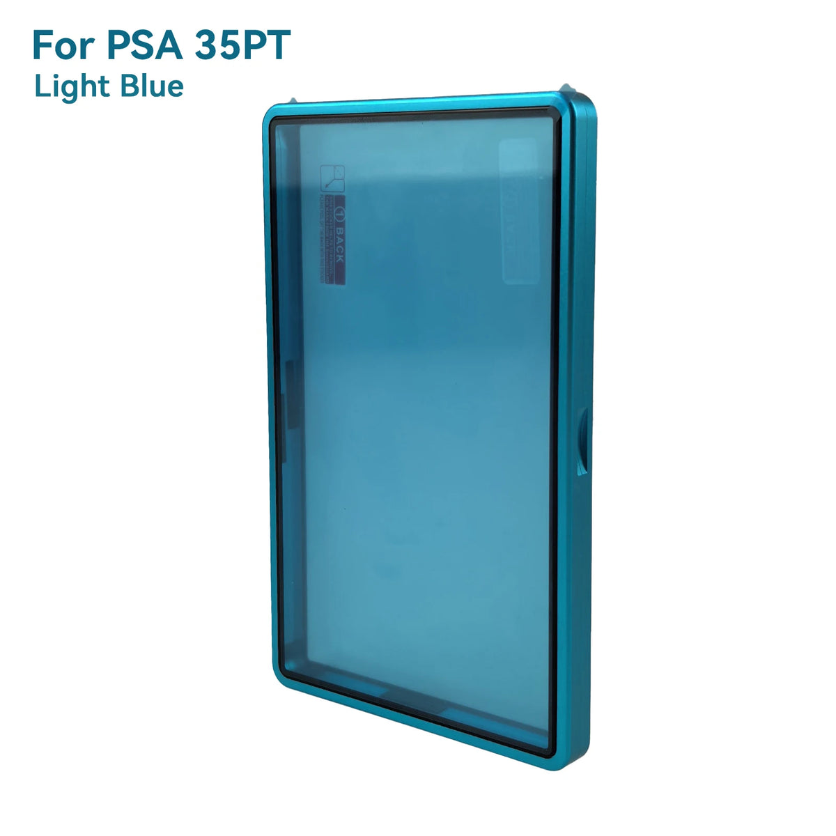 A light blue protective display case for a PSA 35PT graded trading card.