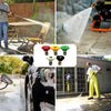 A collection of five quick-connect pressure washer nozzles in red, yellow, and green spray angles being used on a vehicle and