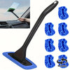 A black car windshield cleaning tool with a squeegee wiper and multiple blue cleaning pads.