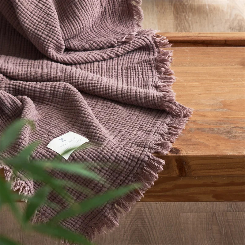 Four-Layer Cotton Gauze Throw Blanket with Tassel Trim