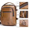 Brown men's genuine leather crossbody shoulder bag showing zipper and leather pull card details