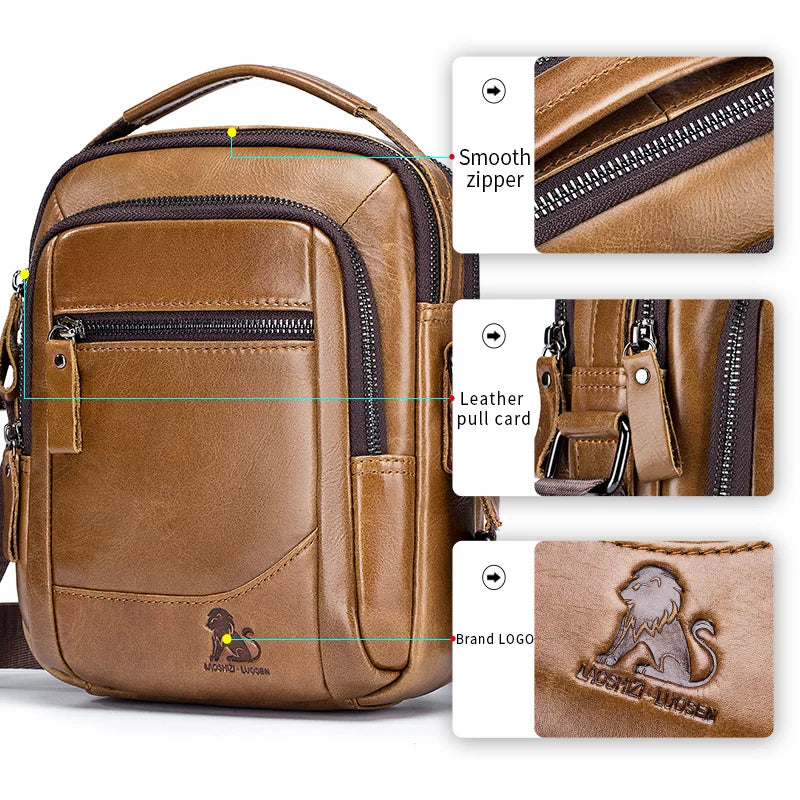Brown men's genuine leather crossbody shoulder bag showing zipper and leather pull card details
