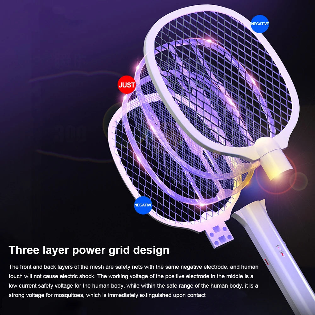 Close-up of a white electric fly swatter and mosquito trap lamp with a purple grid design showing negative and positive elect