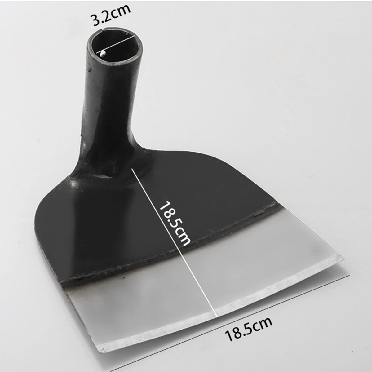 A black stainless steel garden hoe with a 3.2cm handle and an 18.5cm blade, shown in profile.